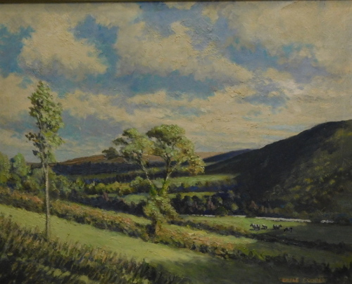 A. Temple-Cooper (20thC). Summer landscape, cattle before hills and trees, oil on board, signed, 41cm x 49cm.