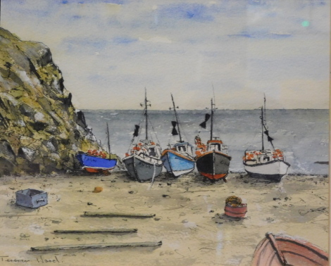 Terence Ward (20thC). Fishing boats at Cadgwith Cove, Cornwall, pen and wash, signed, attributed verso, 23cm x 31cm.