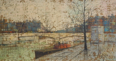 Filetti (20thC). City landscape, barge before bridge and buildings, oil on canvas, indistinctly signed, 60cm x 120cm.