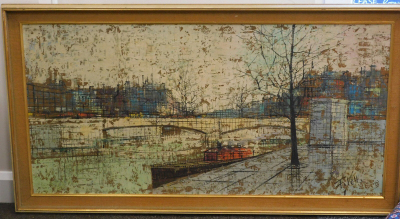 Filetti (20thC). City landscape, barge before bridge and buildings, oil on canvas, indistinctly signed, 60cm x 120cm. - 2