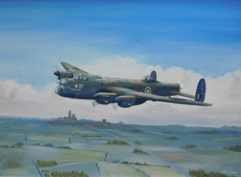 John Larder (20thC). Lancaster bomber and Spitfire, oil on canvas, signed, 50cm x 80cm - a pair and a further print (3).