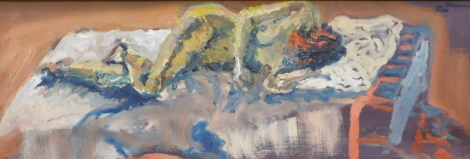 Sharman Brook (20thC). Abstract still life, oil on board, signed, 26cm x 73cm.