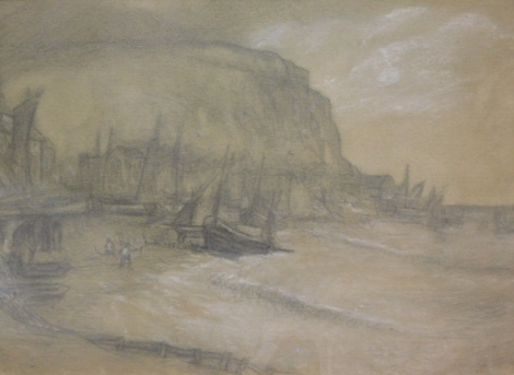 Manner of John Constable. Seascape, figures and boat before cliffs, pencil and chalk, attributed to the mount, 16cm x 26cm.