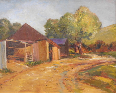 Manner of Duncan Grant. Path before farm buildings and trees, oil on board, unsigned, 38cm x 53cm.