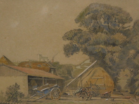 William Sidney Causer (1876-1958). Farmyard, a hay cart before tree, mixed media, signed, 25cm x 28cm, label verso.