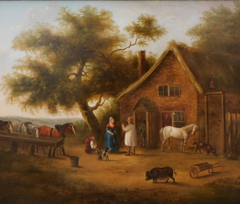 19thC Dutch School. Figures in a farmyard before cottage and trees, with horses and wheelbarrow, oil on canvas, unsigned, 47cm x 63cm.