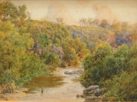 John J. Potts (20thC). Figure fishing in a stream before hills, watercolour, signed, titled verso, 27cm x 35cm.