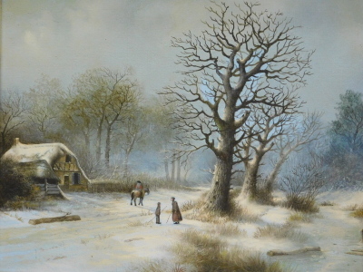 •M. Brandrett (20thC School). Winter scene, figures on a path before cottage and trees, oil on canvas, signed, 36cm x 44cm.