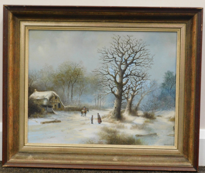 •M. Brandrett (20thC School). Winter scene, figures on a path before cottage and trees, oil on canvas, signed, 36cm x 44cm. - 2