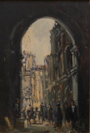 David Hyde (b.1947). Continental street scene, many figures in an arch, oil on canvas, indistinctly signed, 35cm x 24cm.