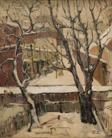 S2 (20thC). Winter landscape, trees before figure on a path with houses in the distance, oil on canvas, initialled, 60cm x 49cm.