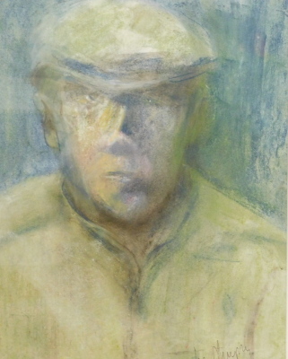 John Thompson (1924-2011). Man wearing flat cap, signed, dated 2002 verso, mixed media, signed and marked verso AP 40cm x 30cm. .