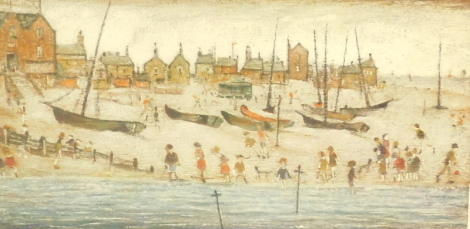Laurence Stephen Lowry (1887-1976). The Beach, artist signed print, Venture Prints watermarked FKH, 25cm x 51cm.