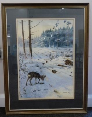 Roger McPhail (b.1953). Winter landscape fawn and pheasants, watercolour, signed and dated (19)76, Christie's label and chalk marks verso. 65cm x 42cm, - 2