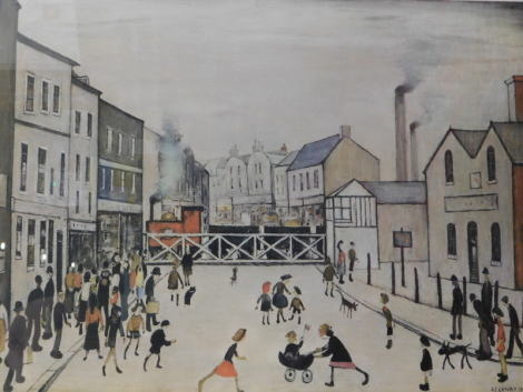 Laurence Stephen Lowry (1887-1976). Level Crossing Burton Upon Trent, artist signed print, watermarked CFD, 43cm x 56cm.