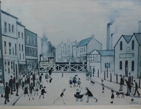 Laurence Stephen Lowry (1887-1976). Level Crossing Burton Upon Trent, artist signed print, watermarked FBC, 44cm x 55cm.