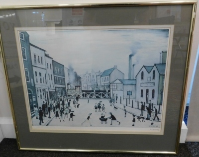 Laurence Stephen Lowry (1887-1976). Level Crossing Burton Upon Trent, artist signed print, watermarked FBC, 44cm x 55cm. - 4