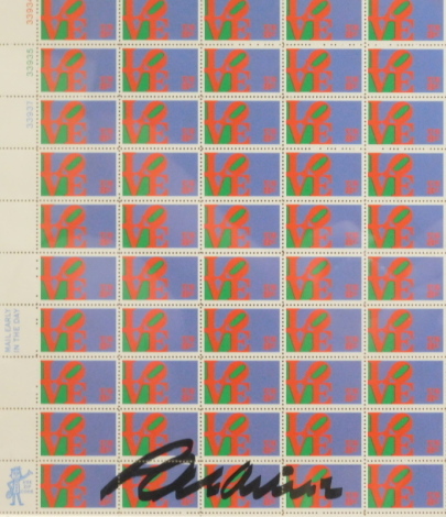 Robert Indiana (1928-2018). Sheet of Love postal stamps, signed in black marker, c.1973, 26cm x 23cm.