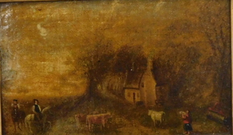 19thC English School. Figures and cattle in a landscape, oil on board, 9cm x 14cm.