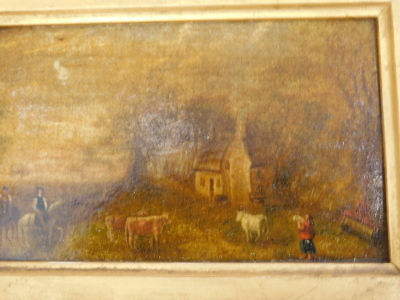 19thC English School. Figures and cattle in a landscape, oil on board, 9cm x 14cm. - 2