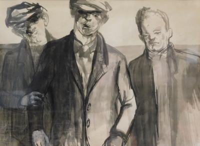 Colin Allen (1926-1987). Three miners, ink and wash, 32cm x 45cm.