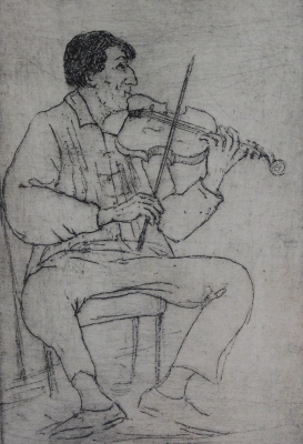 Leslie Duxbury (1921-2001).Violinist Levon Chilingirian, artist signed proof etching, 15cm x 10cm. Duxbury was part of the Kitchen Sink School.