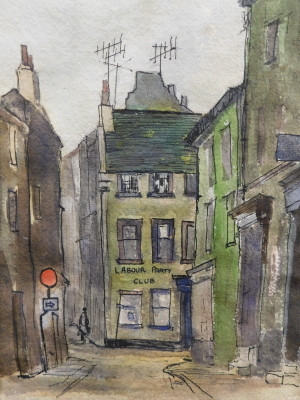 G.E. Edward Lyon (20thC). Labour Party Club, Roper Street, Whitehaven, watercolour, attributed verso, 30cm x 22cm.