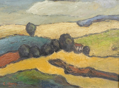 Constantine Sterio (20thC). Landscape Number 5, signed, titeld and dated 1995, verso, oil on board, 29cm x 39cm.