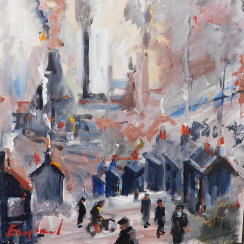 F.J. England (20thC). Old Street, Longton, oil on canves, signed, titled verso, 40cm x 40cm.