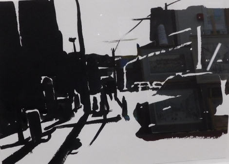 Liam Spencer (b.1964). High Street, ink and wash, signed, titled and dated 2008, Wendy J Levy label verso,19cm x 26cm.