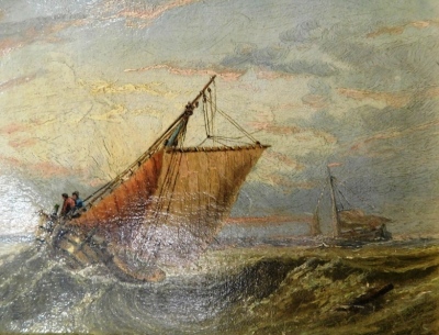 Liam Richard Bunting (1866-1951). Figures in boat with buoy with ships in the distance on stormy seas, oil on canvas, 20cm x 30cm, attributed verso, written Grimsby 1886, and another boat on stormy waters, each signed verso - pair. (2) - 2