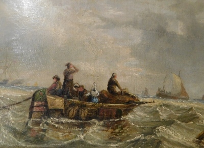 Liam Richard Bunting (1866-1951). Figures in boat with buoy with ships in the distance on stormy seas, oil on canvas, 20cm x 30cm, attributed verso, written Grimsby 1886, and another boat on stormy waters, each signed verso - pair. (2) - 3