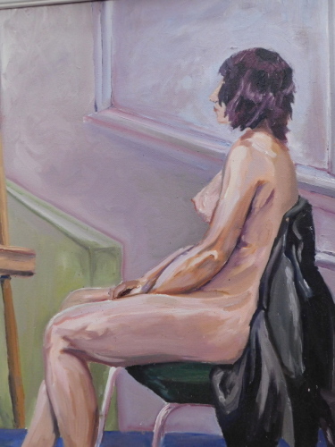 Paul John Brennan (20thC). Seated nude female, oil on canvas, signed, attributed luggage label verso, 49cm x 40cm.