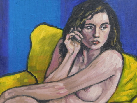 20thC School. Reclining nude female in reflective mood, oil on board, unsigned, 40cm x 49cm.