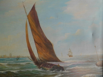 E. Higginson (20thC). Boats on stormy seas, oil on canvas, signed, 45cm x 60cm.