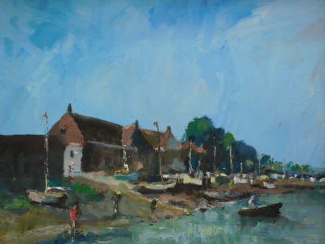 20thC School. Figures and calm waters before house, oil on board, unsigned, 37cm x 46cm.