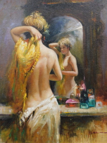 Pina (20thC). Semi-clad female before mirror, oil on board, indistinctly signed, 40cm x 29cm.