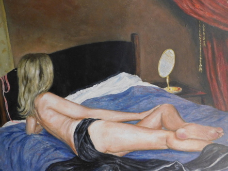 Colin R. Jack (20thC). Reclining nude female on a bed, oil on board, signed and dated April (19)83, 61cm x 76cm.