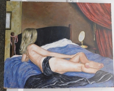 Colin R. Jack (20thC). Reclining nude female on a bed, oil on board, signed and dated April (19)83, 61cm x 76cm. - 2