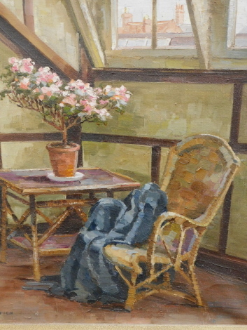 M. Thompson (20thC). Interior scene, chair, table and plant before window, oil on board, signed, F.L. Dinsdale, Horse Market, Kettering, label verso, 50cm x 45cm.