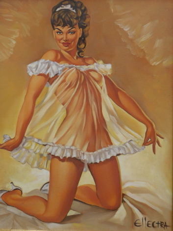 Ellectra (20thC). Scantily clad female on a bed, oil on canvas, signed, 61cm x 50cm, others by the same hand, various other pictures, figure of a lady in state of undress, etc. (a quantity)