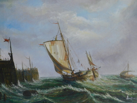 Ambrose (20thC). Ship on stormy seas with buoy and further ship with figures and pier in the distance, oil on canvas, signed, 40cm x 55cm.