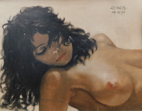 E.T. Leg B (20thC English School). Reclining nude, quarter profile, oil on board, signed and dated 09 12 (19)75, 34cm x 43cm.