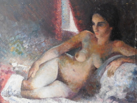 20thC School. Reclining female nude in bed, oil on board, unsigned, 48cm x 63cm.