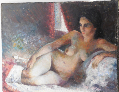 20thC School. Reclining female nude in bed, oil on board, unsigned, 48cm x 63cm. - 2