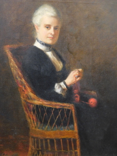 Jeg (Edwardian School). Lady seated knitting, oil on canvas, signed and dated 1902, 50cm x 40cm, and a figure of a gentleman sat on a path by the same hand. (2)