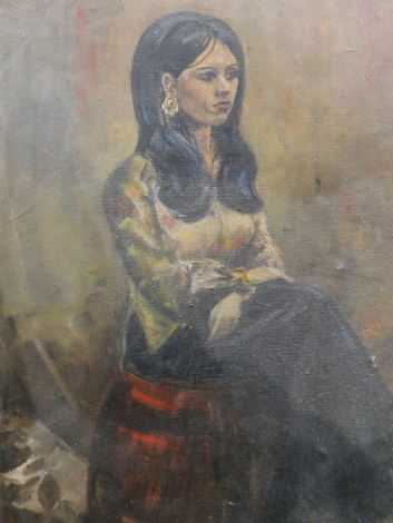 20thC School. Figure of a lady seated on barrel in flowing robes, oil on board, indistinctly signed, 57cm x 44cm.