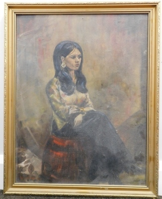 20thC School. Figure of a lady seated on barrel in flowing robes, oil on board, indistinctly signed, 57cm x 44cm. - 2