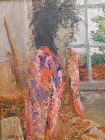 Cuthbert (20thC). Portrait of a lady, quarter profile, in a flowing robe before window, oil on board, signed, 50cm x 40cm.