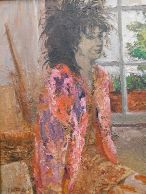 Cuthbert (20thC). Portrait of a lady, quarter profile, in a flowing robe before window, oil on board, signed, 50cm x 40cm.